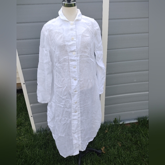 Grizas Dress Size Large 100% Linen White Lagenlook Button Down Long Sleeve - Picture 1 of 9